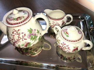 England INDIAN TREE Teapot,  Cream & Sugar Vintage W.  R.  Midwinter Ltd.  pink green 6