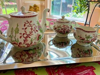 England INDIAN TREE Teapot,  Cream & Sugar Vintage W.  R.  Midwinter Ltd.  pink green 7