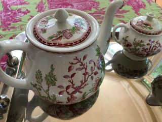 England INDIAN TREE Teapot,  Cream & Sugar Vintage W.  R.  Midwinter Ltd.  pink green 8