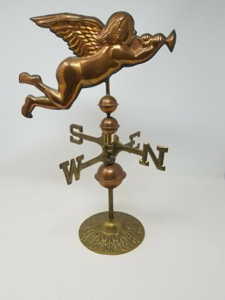 Vintage Copper & Brass Cherub Angel Blowing Horn Table Top Weather Vane