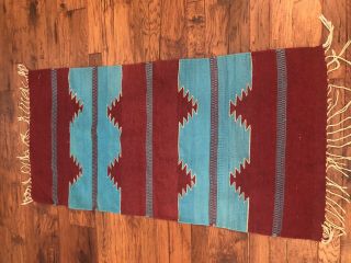 Navajo Rug Vtg Geometric Turquoise Native American Hand Woven Wool 29 " X 58 "