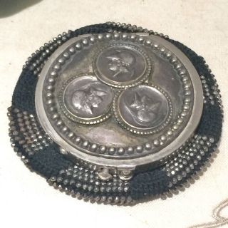 Antique Victorian Silver T Roman Coin Tam O Shanter Crochet Cut Steel Bead Purse