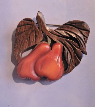 Vintage Brooch Bakelite Backed On Carved Wood,  Pears