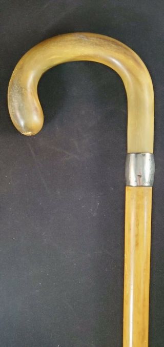 Vintage Antique Well Balanced Horn Handle Cane W Silver Monogrammed Bolster