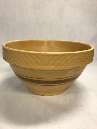 Vintage Yellow Ware Pottery Mixing Bowl Brown Stripe - 12 Inch Serving