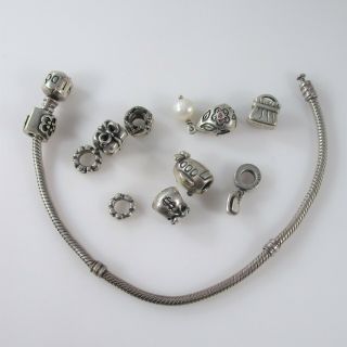 Pandora Charm Bracelet & 10 Charms Vintage Sterling Silver 44.  8g | 7.  25 "