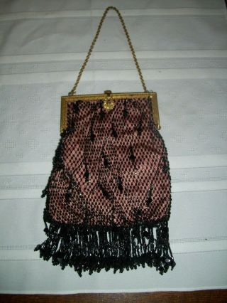 Vintage Antique Victorian Micro Beaded Purse Evening Bag Pink With Black Beads