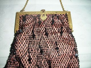 Vintage Antique Victorian Micro Beaded Purse Evening Bag Pink With Black Beads 2