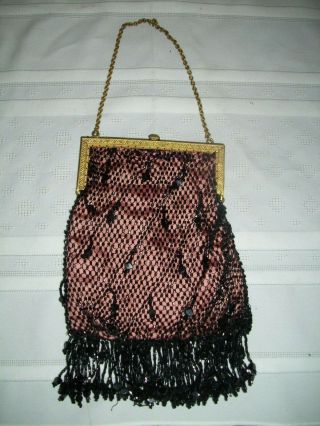 Vintage Antique Victorian Micro Beaded Purse Evening Bag Pink With Black Beads 5