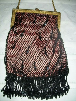 Vintage Antique Victorian Micro Beaded Purse Evening Bag Pink With Black Beads 6