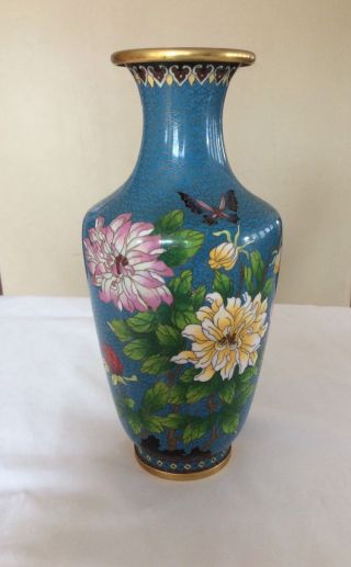 Vintage Oriental Chinese Large Cloisonné Enamel Vase Brass Trim 13” Tall