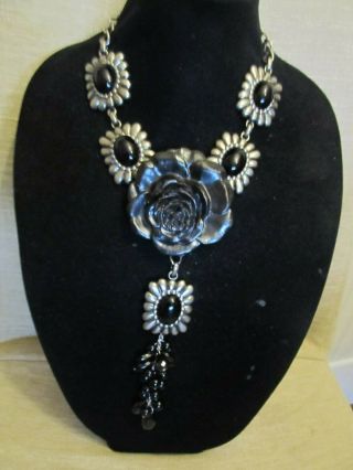 Huge Vintage Black Flower & Bead Statement Necklace - A Repurposed Ooak