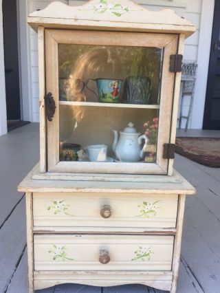 Antique Vintage Childs Doll China Cabinet Shabby Tea Chippy Paint Cottage Floral