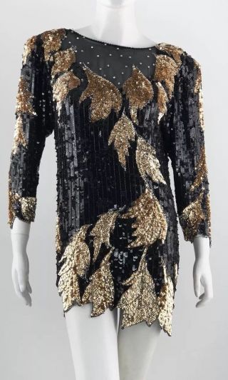 Vtg Oleg Cassini Silk Top Beaded Black Gold Sequin Mini Dress Asymetrical Hem