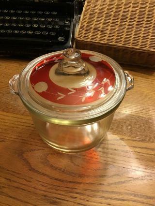 Rare Vintage 1930’s Pyrex Lidded Casserole With Ruby Stain Etched Floral Design