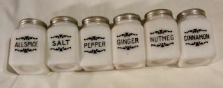 Vintage Hoosier Type White Milk Glass Salt And Pepper Shakers Black Lettering