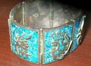 Vintage Mexican Sterling Silver Mayan Aztec Turquoise Etched Panel Link Bracelet