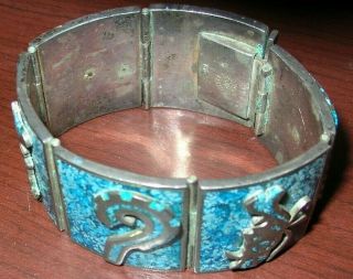 Vintage Mexican Sterling Silver Mayan Aztec TURQUOISE Etched Panel Link Bracelet 2