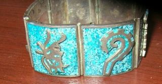 Vintage Mexican Sterling Silver Mayan Aztec TURQUOISE Etched Panel Link Bracelet 3