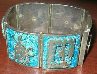 Vintage Mexican Sterling Silver Mayan Aztec TURQUOISE Etched Panel Link Bracelet 4