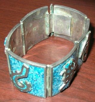 Vintage Mexican Sterling Silver Mayan Aztec TURQUOISE Etched Panel Link Bracelet 5