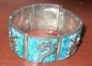 Vintage Mexican Sterling Silver Mayan Aztec TURQUOISE Etched Panel Link Bracelet 6