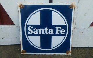 Old Vintage Santa Fe Porcelain Metal Sign Train Route Yard Sign