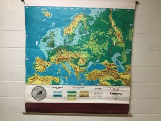 Vintage Cram’s Physical Political Pull Down Map Of Europe C4 63 With Bracket
