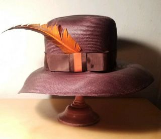 Vtg 60s - 70s Mod Bellini Originals Brn Straw Wide Brim Hat/orange Feather S