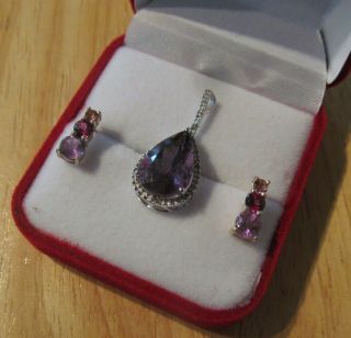 Vintage Amethyst And Diamond 10kt Gold Pendant W/earrings - Set