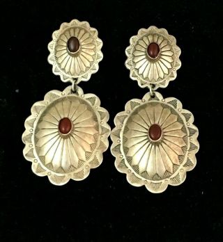 Huge Vintage 3 Inch Native American Sterling Silver Carnelian Concho Earrings 2