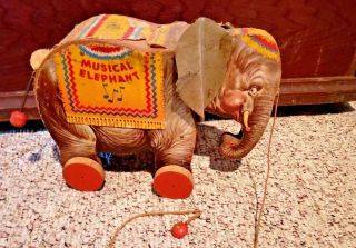Vintage Fisher Price Musical Elephant Pull Toy 145 1948 Great