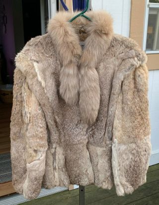 Rabbit Fur Coat - Vintage - Size Medium - Unique Styling: Fox Fur Collar & Tails