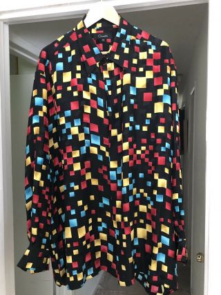 Vintage Genelli 100 Silk Men’s Black With Multi Color Pixel Squares Shirt 2xl