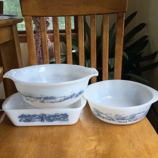 Currier & Ives Glasbake Mixing Bowl And Bakeware Mcm Vintage Blue & Milk Glass