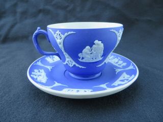 Antique Vintage Wedgwood Dark Blue Jasperware Tea Cup & Saucer