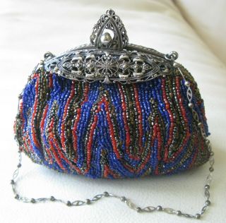 Antique Art Nouveau Victorian Silver T Filigree Frame Blue Red Bead Puffy Purse