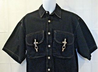 Paco Sports Vintage Med Black Denim Button Front Shirt Hip Hop Streetwear M