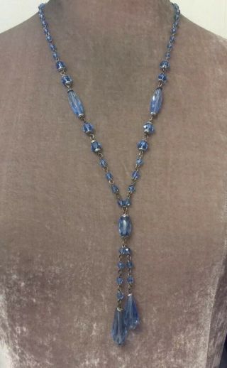 Vintage Jewellery Art Deco Twin Pendant Sapphire Blue Crystal Bead Necklace