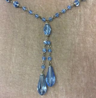 Vintage Jewellery Art Deco Twin Pendant Sapphire Blue Crystal Bead Necklace 2