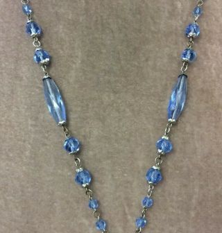 Vintage Jewellery Art Deco Twin Pendant Sapphire Blue Crystal Bead Necklace 3