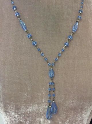 Vintage Jewellery Art Deco Twin Pendant Sapphire Blue Crystal Bead Necklace 6