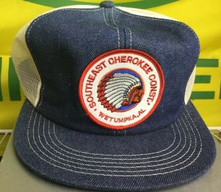 Vintage Denim Trucker Hat Cap Snapback Mesh Patch Made In Usa Cherokee Const