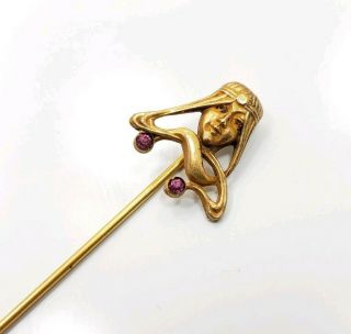 Great Vintage Art Deco Gold Filled? Plated? Ladies Face Rhinestone Stick Pin