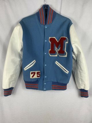 Vintage 1975 Varsity Letterman Jacket Sz 44 Wool Leather " M " Blue Red