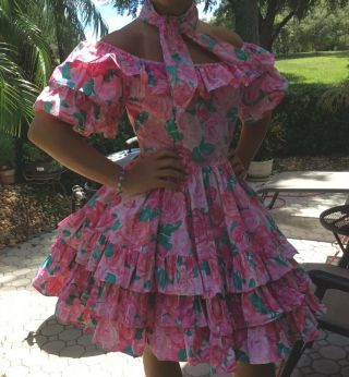 Vintage Call It Fancy Pink Floral Ruffled Square Dancing Dress Size 8