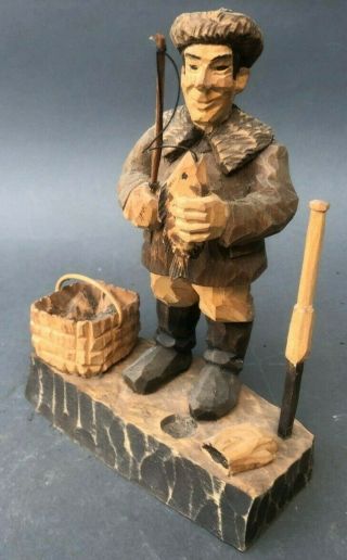 Vintage Signed J.  Koskela Finland Hand Carved Wood Figure Fisherman 2