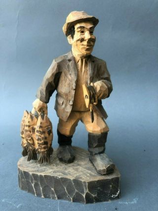 Vintage Carved Wood Figure Statue Fisherman W Fish Finland Signed J.  Koskela