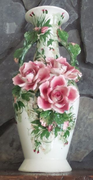 Vintage Italian Art Pottery Urn With Applied Roses And Leaves Signed & Numbered