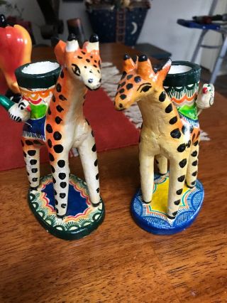 Vintage Pair 2 Mexican Puebla Ceramic Giraffe Candleholders 6 1/2” Tall